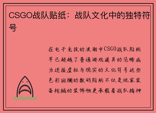 CSGO战队贴纸：战队文化中的独特符号